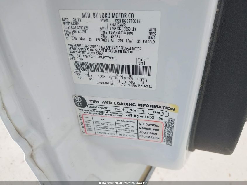 2013 Ford F150 Supercrew VIN: 1FTFW1CF0DKF77913 Lot: 43276078