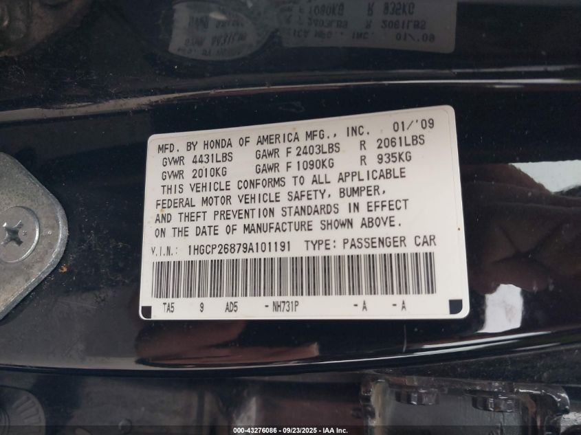 2009 Honda Accord 2.4 Ex-L VIN: 1HGCP26879A101191 Lot: 43276086