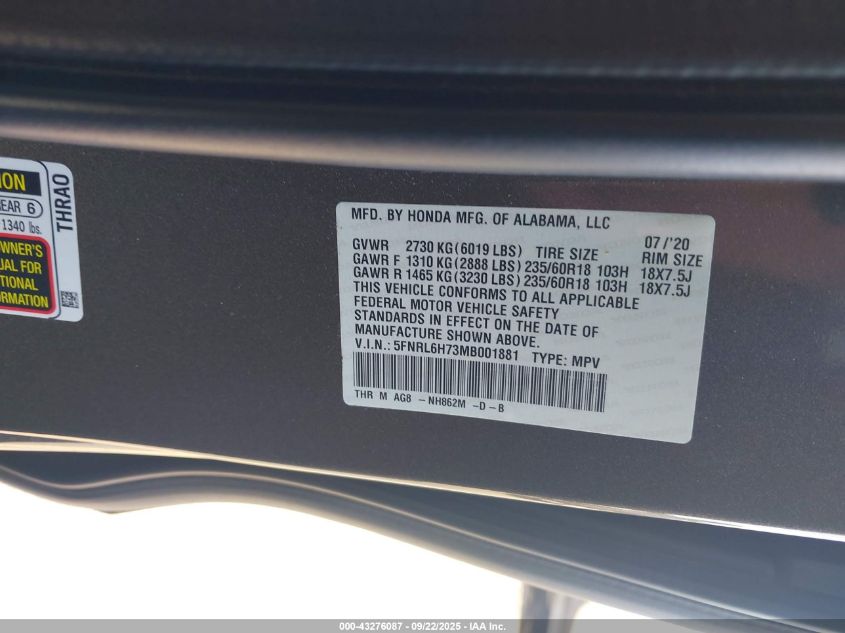 2021 Honda Odyssey Ex-L VIN: 5FNRL6H73MB001881 Lot: 43276087