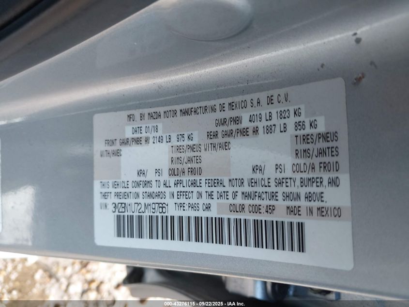 2018 Mazda Mazda3 Sport VIN: 3MZBN1U72JM197661 Lot: 43276115