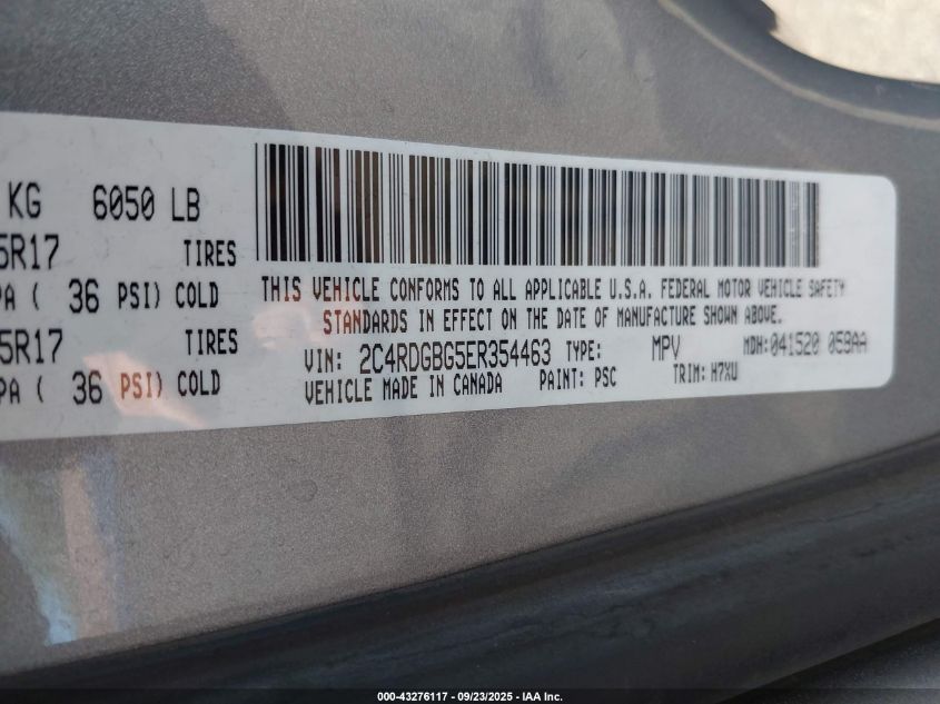 2014 Dodge Grand Caravan Se VIN: 2C4RDGBG5ER354463 Lot: 43276117