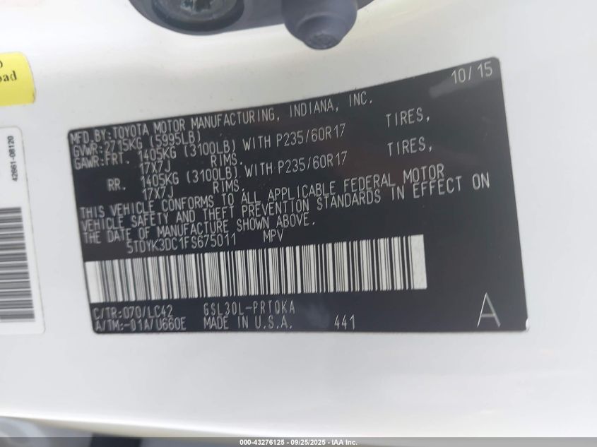 2015 Toyota Sienna Xle Premium 8 Passenger VIN: 5TDYK3DC1FS675011 Lot: 43276125