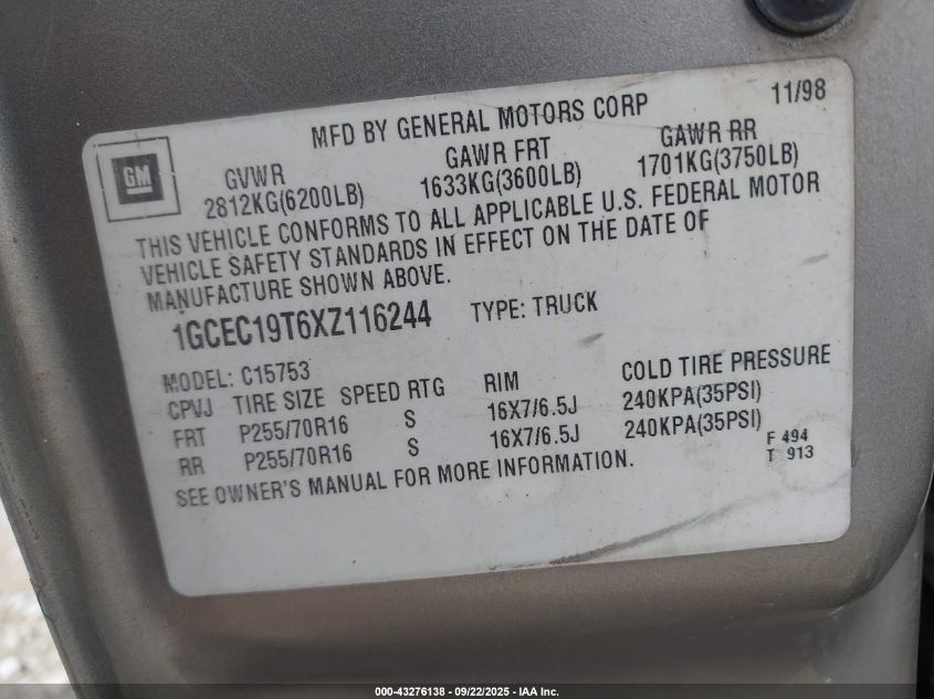 1999 Chevrolet Silverado 1500 Lt VIN: 1GCEC19T6XZ116244 Lot: 43276138