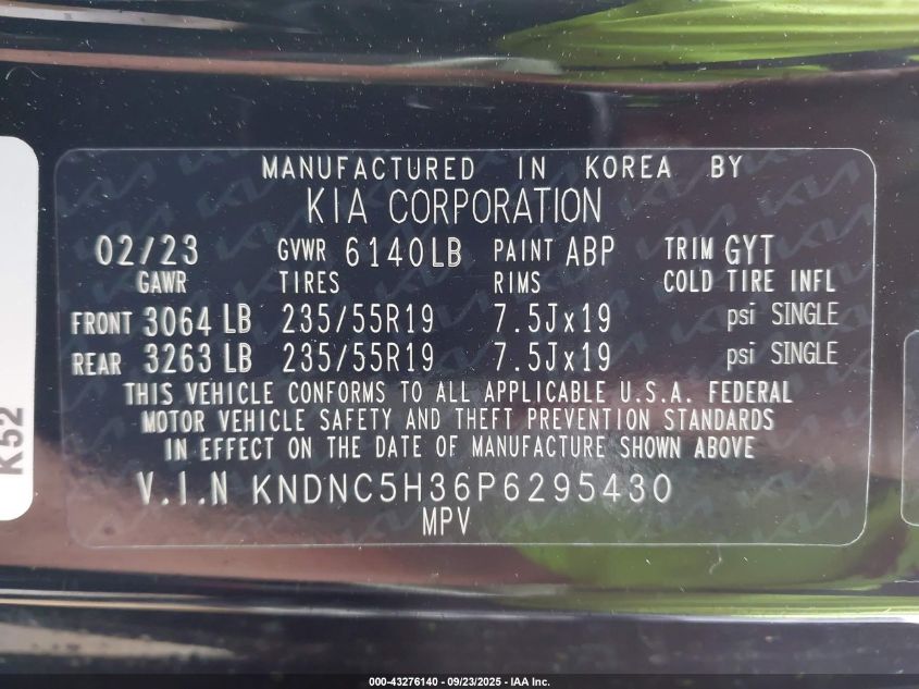 2023 Kia Carnival Mpv Ex VIN: KNDNC5H36P6295430 Lot: 43276140