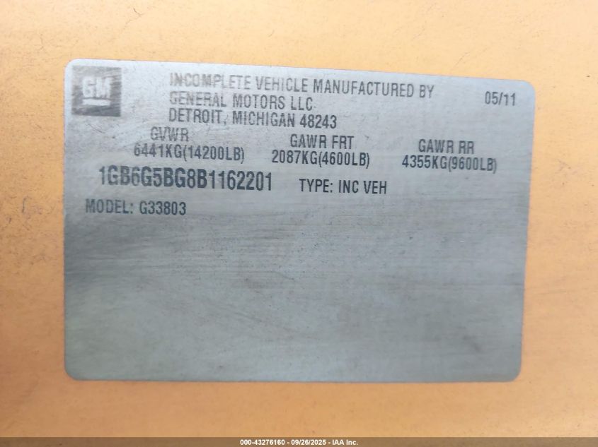 2011 Chevrolet Express Cutaway 4500 Series VIN: 1GB6G5BG8B1162201 Lot: 43276160