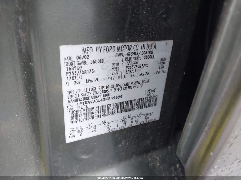 2002 Ford F-150 Lariat/Xlt VIN: 1FTRW08L42KE05595 Lot: 43276166