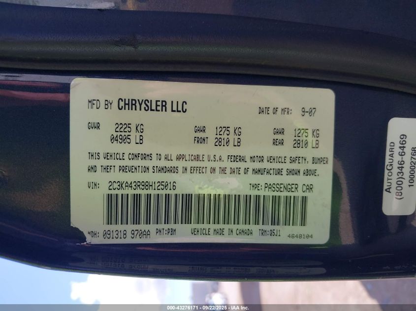 2008 Chrysler 300 Lx VIN: 2C3KA43R98H125016 Lot: 43276171