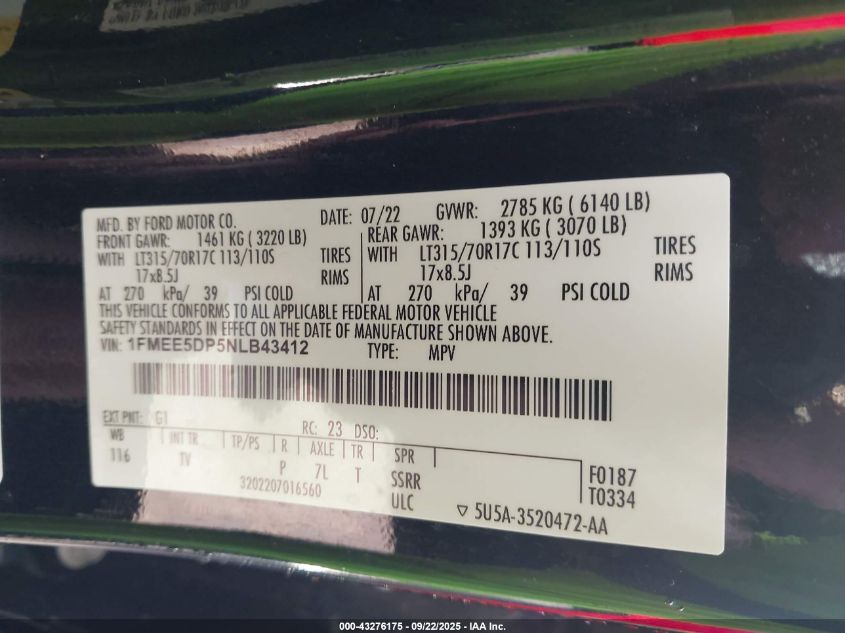 2022 Ford Bronco Wildtrak VIN: 1FMEE5DP5NLB43412 Lot: 43276175