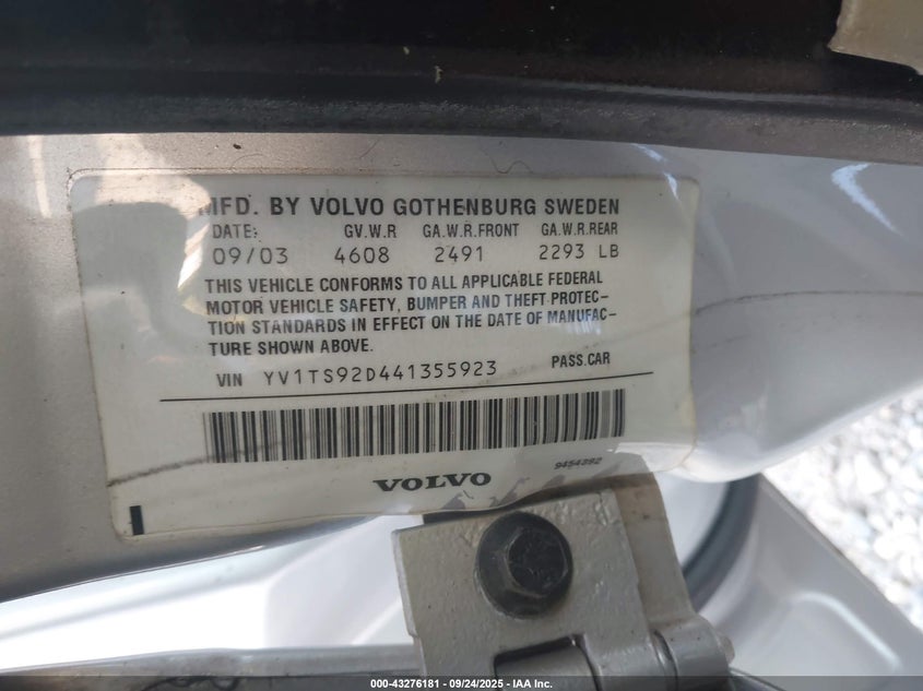 2004 Volvo S80 2.9 VIN: YV1TS92D441355923 Lot: 43276181