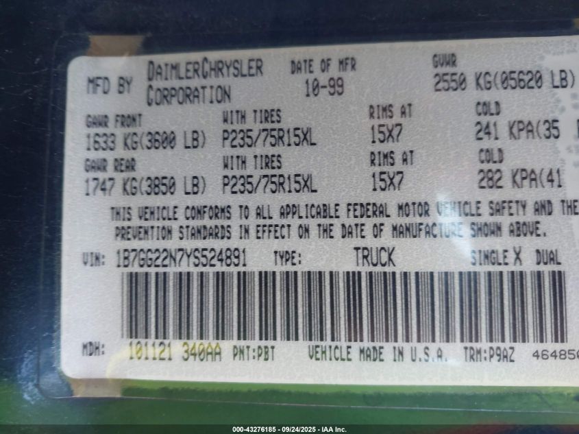 2000 Dodge Dakota Slt/Sport VIN: 1B7GG22N7YS524891 Lot: 43276185