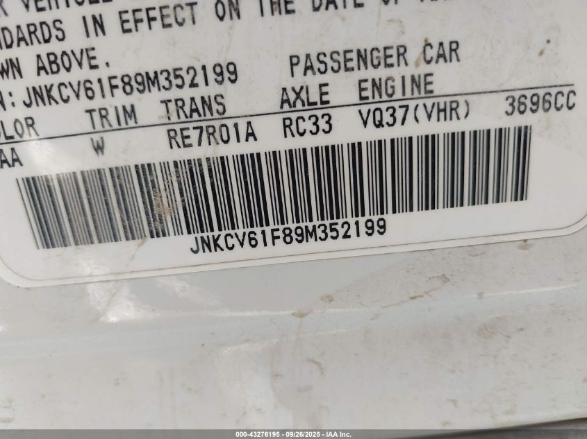 2009 Infiniti G37X VIN: JNKCV61F89M352199 Lot: 43276195