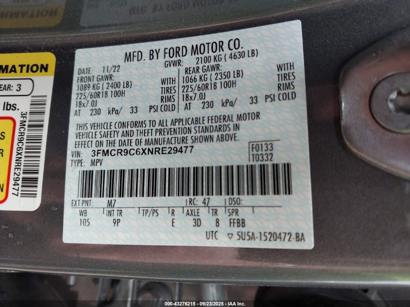 2022 Ford Bronco Sport Outer Banks VIN: 3FMCR9C6XNRE29477 Lot: 43276215