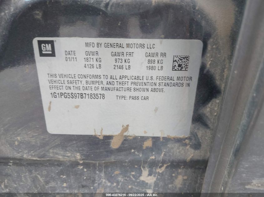 2011 Chevrolet Cruze 2Lt VIN: 1G1PG5S97B7183578 Lot: 43276216