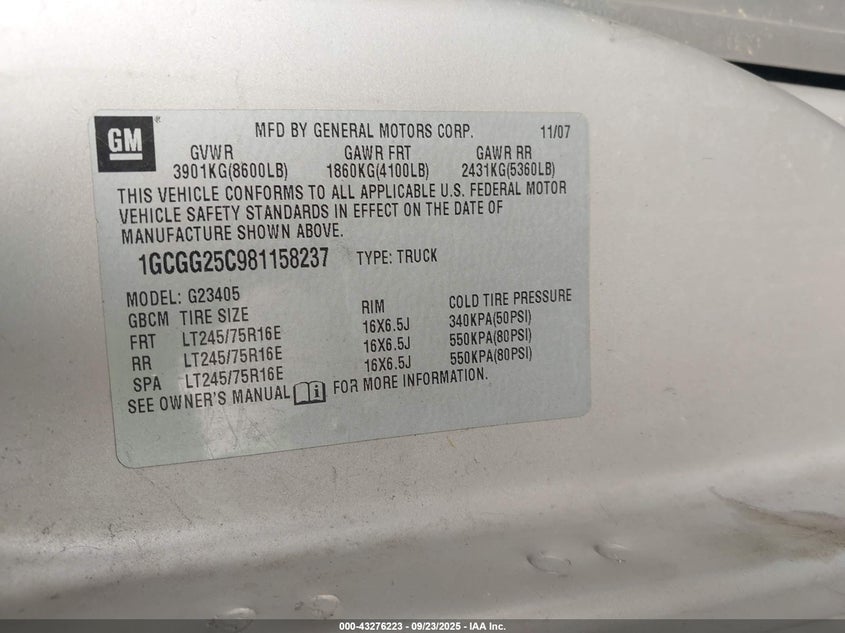 1GCGG25C981158237 2008 CHEVROLET EXPRESS photo no. 9