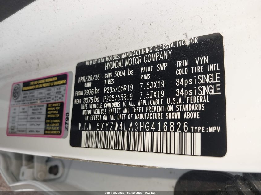 2017 Hyundai Santa Fe Sport 2.0T Ultimate VIN: 5XYZW4LA3HG416826 Lot: 43276239