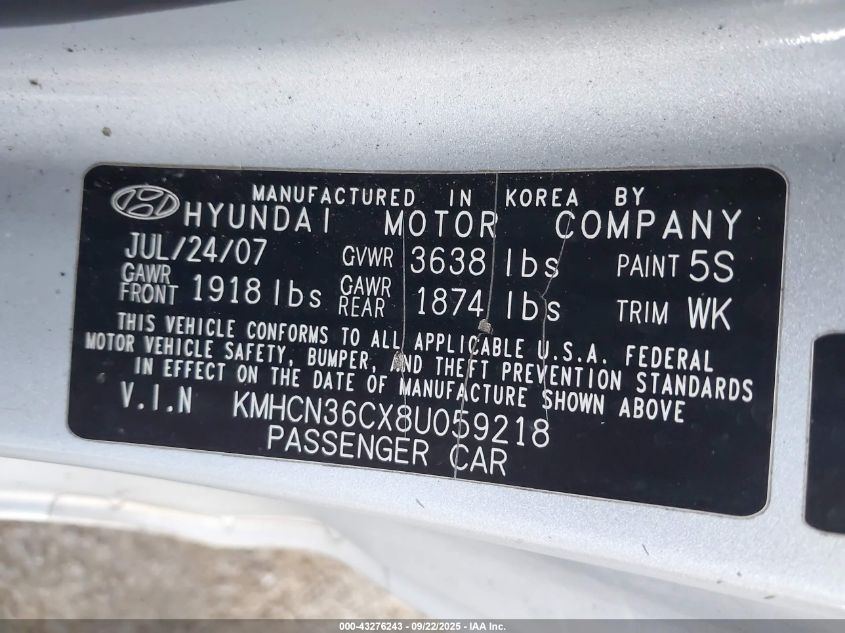 2008 Hyundai Accent Se VIN: KMHCN36CX8U059218 Lot: 43276243