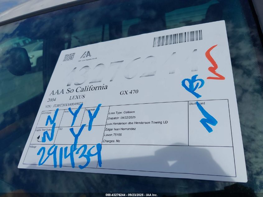 2004 Lexus Gx 470 VIN: JTJBT20X440049021 Lot: 43276244