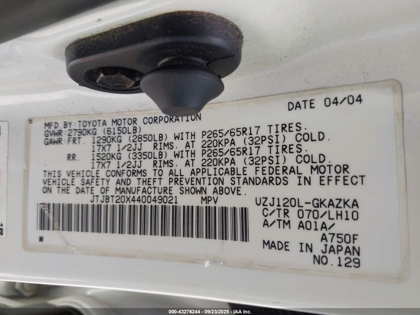 2004 Lexus Gx 470 VIN: JTJBT20X440049021 Lot: 43276244