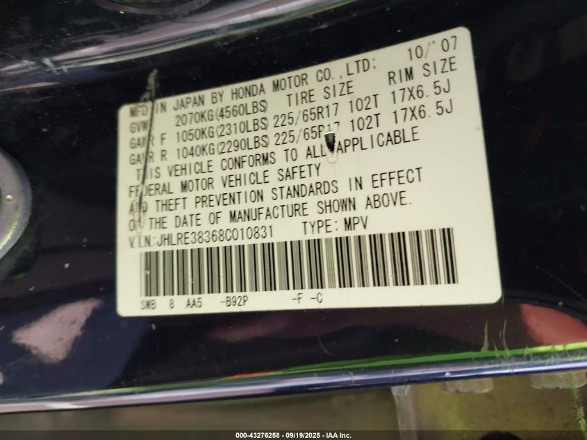 2008 Honda Cr-V Lx VIN: JHLRE38368C010831 Lot: 43276258