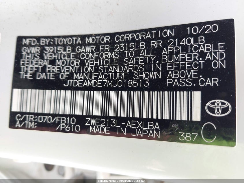 2021 TOYOTA COROLLA HYBRID LE - JTDEAMDE7MJ018513