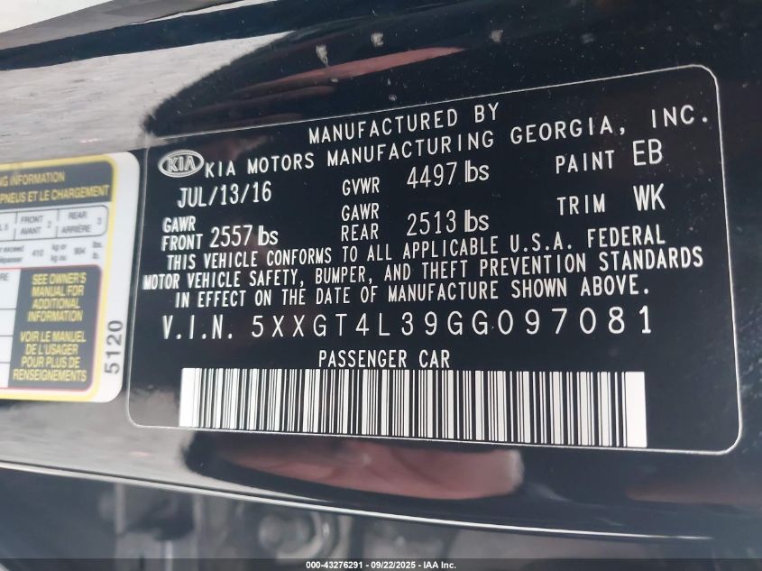 2016 Kia Optima Lx VIN: 5XXGT4L39GG097081 Lot: 43276291