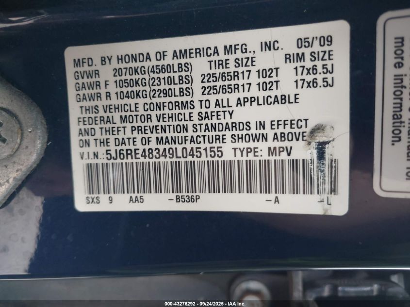 2009 Honda Cr-V Lx VIN: 5J6RE48349L045155 Lot: 43276292