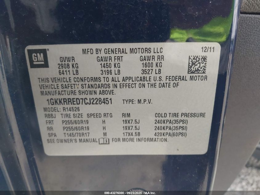 2012 GMC Acadia Slt-1 VIN: 1GKKRRED7CJ228451 Lot: 43276300