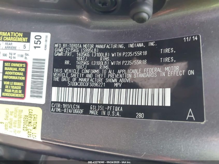 2015 Toyota Sienna Xle Premium 7 Passenger VIN: 5TDDK3DC0FS096221 Lot: 43276360