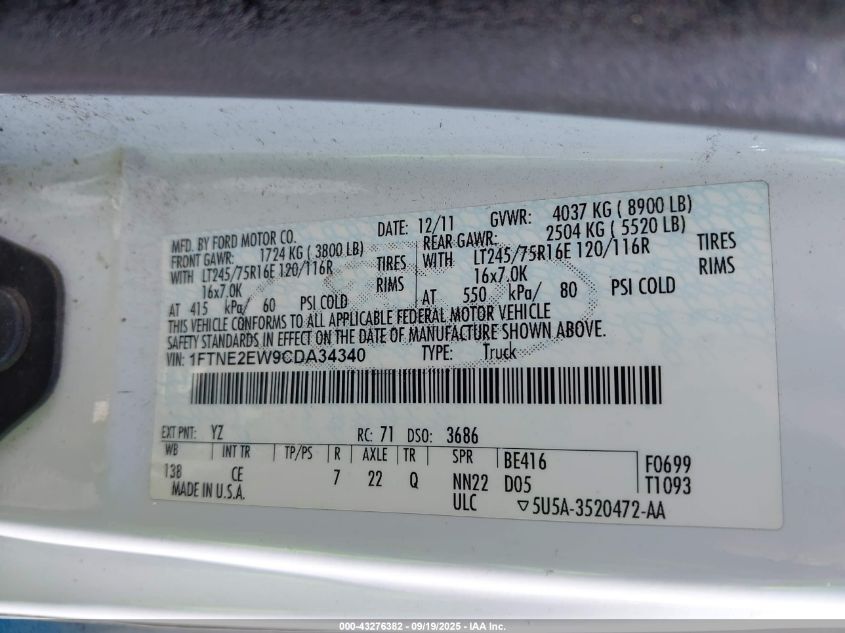 2012 Ford E-250 Commercial VIN: 1FTNE2EW9CDA34340 Lot: 43276382