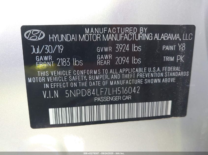 2020 Hyundai Elantra Value Edition VIN: 5NPD84LF7LH516042 Lot: 43276387