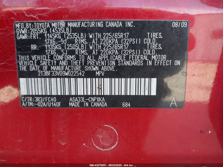 2009 Toyota Rav4 VIN: 2T3BF33V09W022542 Lot: 43276391