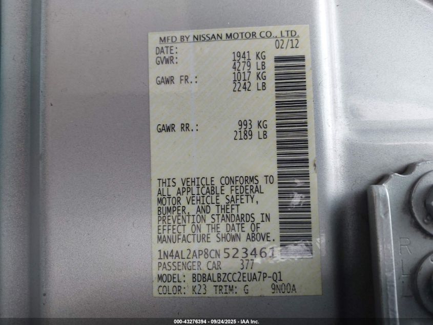 2012 Nissan Altima 2.5 S VIN: 1N4AL2AP8CN523461 Lot: 43276394