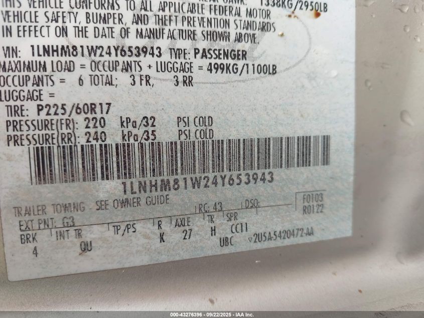 2004 Lincoln Town Car Signature VIN: 1LNHM81W24Y653943 Lot: 43276396