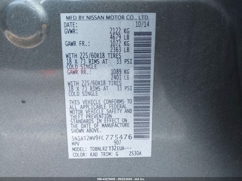 2015 Nissan Rogue Sl VIN: 5N1AT2MV9FC775476 Lot: 43276405