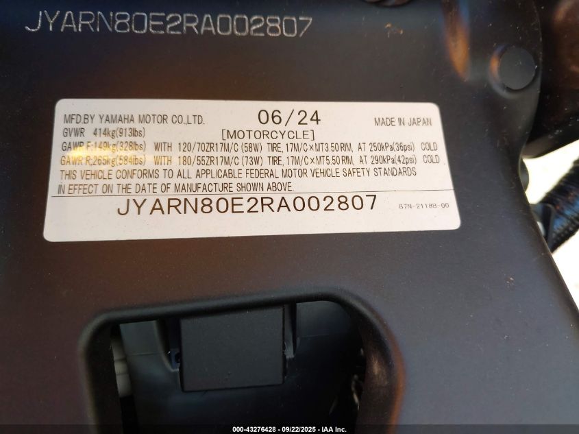 2024 Yamaha Mtm890 VIN: JYARN80E2RA002807 Lot: 43276428