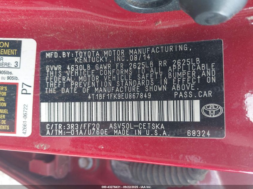 2014 Toyota Camry Se VIN: 4T1BF1FK9EU867849 Lot: 43276431