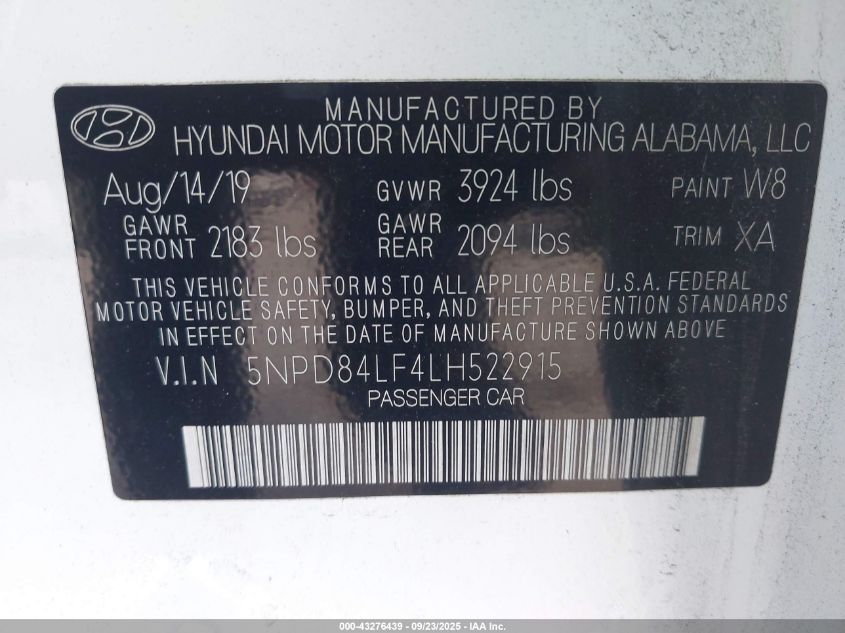 2020 Hyundai Elantra Limited VIN: 5NPD84LF4LH522915 Lot: 43276439