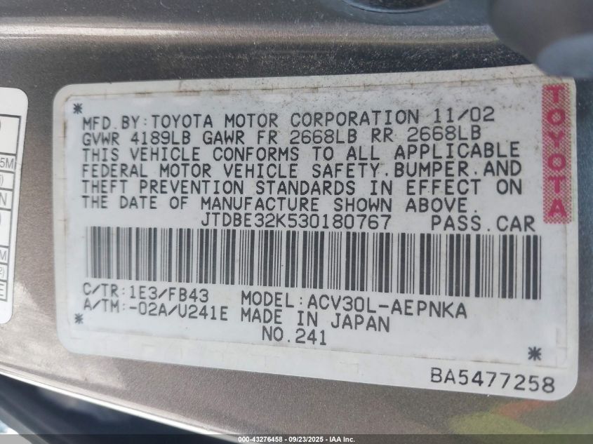 2003 Toyota Camry Le VIN: JTDBE32K530180767 Lot: 43276458