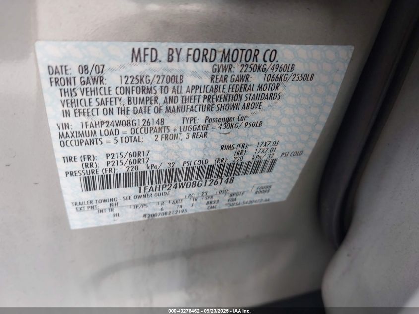 2008 Ford Taurus Sel VIN: 1FAHP24W08G126148 Lot: 43276462