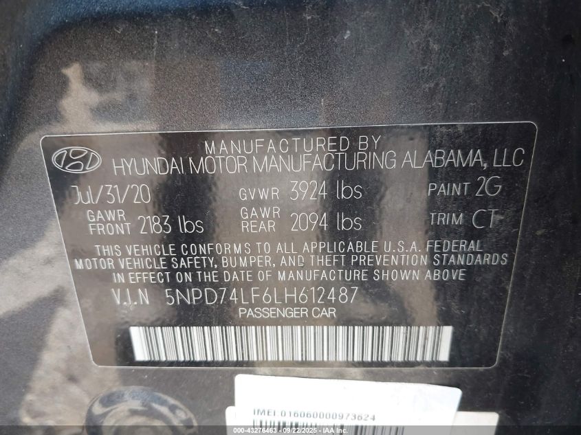 2020 Hyundai Elantra Se VIN: 5NPD74LF6LH612487 Lot: 43276463