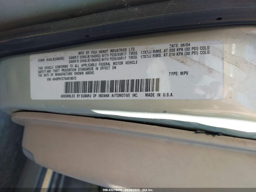 2005 Subaru Outback 2.5Xt Limited VIN: 4S4BP67C754318572 Lot: 43276479
