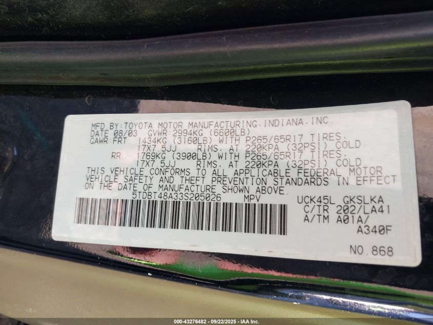 2003 Toyota Sequoia Limited V8 VIN: 5TDBT48A33S205026 Lot: 43276482