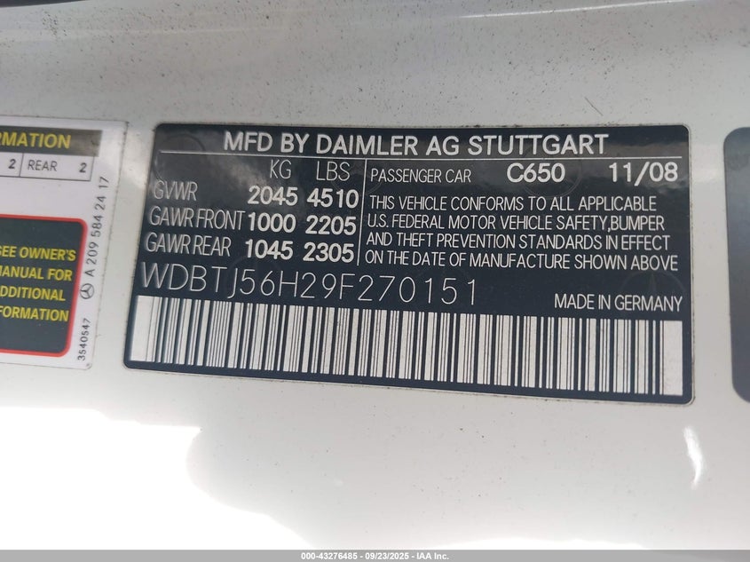 2009 Mercedes-Benz Clk 350 VIN: WDBTJ56H29F270151 Lot: 43276485