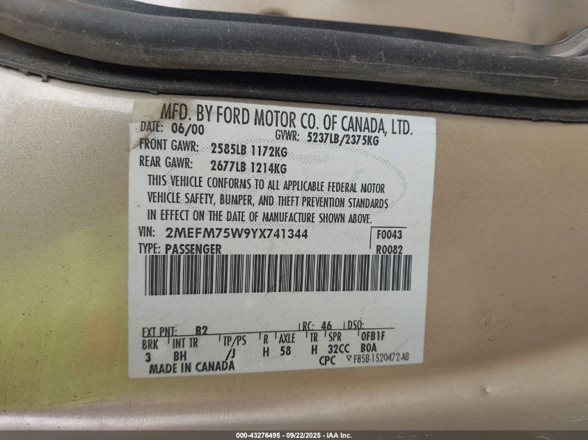 2000 Mercury Grand Marquis Ls VIN: 2MEFM75W9YX741344 Lot: 43276495