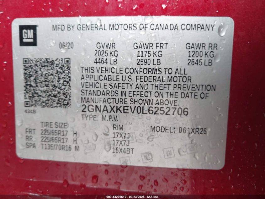 2020 Chevrolet Equinox Fwd Lt 1.5L Turbo VIN: 2GNAXKEV0L6252706 Lot: 43276512