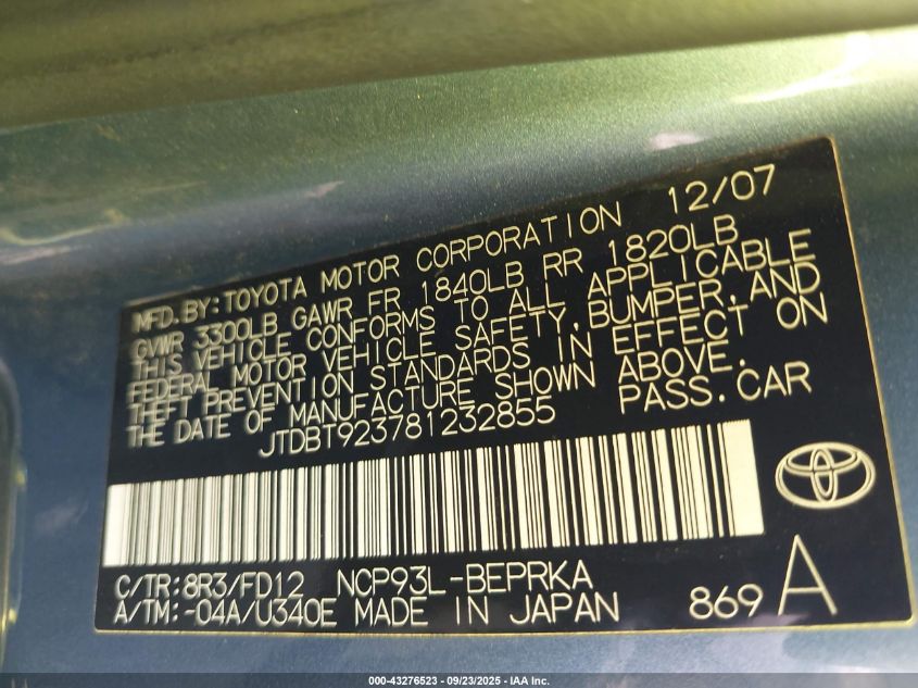 2008 Toyota Yaris VIN: JTDBT923781232855 Lot: 43276523