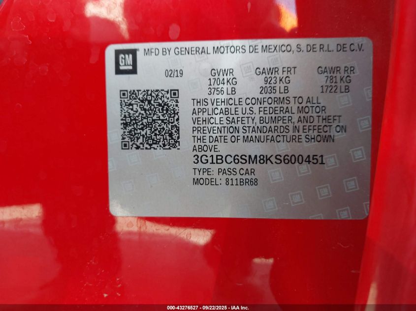 2019 Chevrolet Cruze Ls VIN: 3G1BC6SM8KS600451 Lot: 43276527