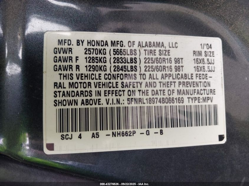 2004 Honda Odyssey Ex-L VIN: 5FNRL18974B066169 Lot: 43276526