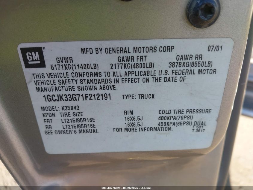 2001 Chevrolet Silverado 3500 Lt VIN: 1GCJK33G71F212191 Lot: 43276529