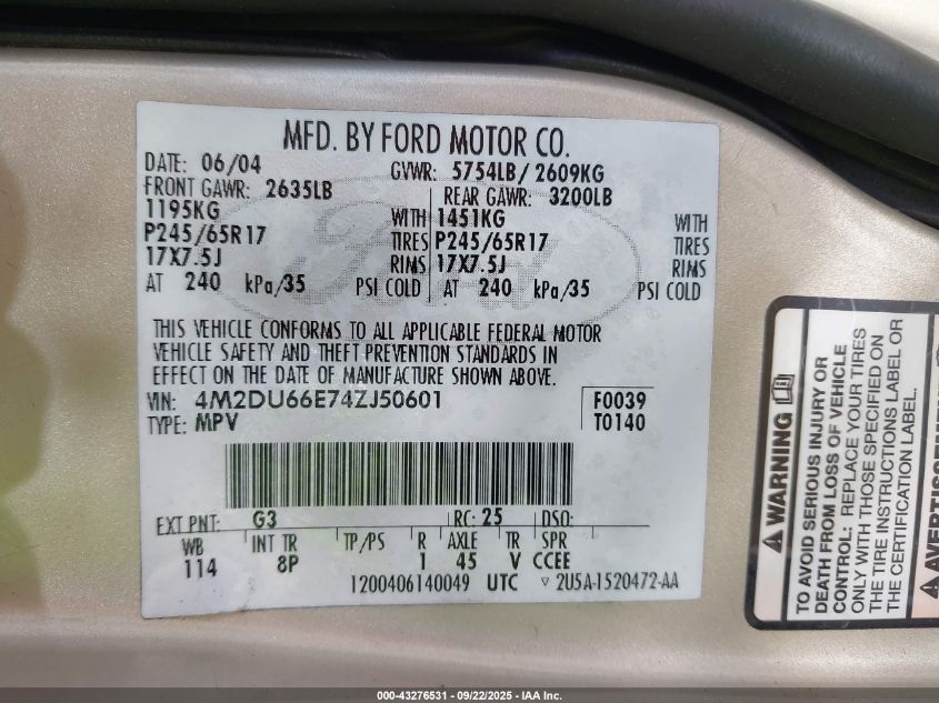 2004 Mercury Mountaineer VIN: 4M2DU66E74ZJ50601 Lot: 43276531